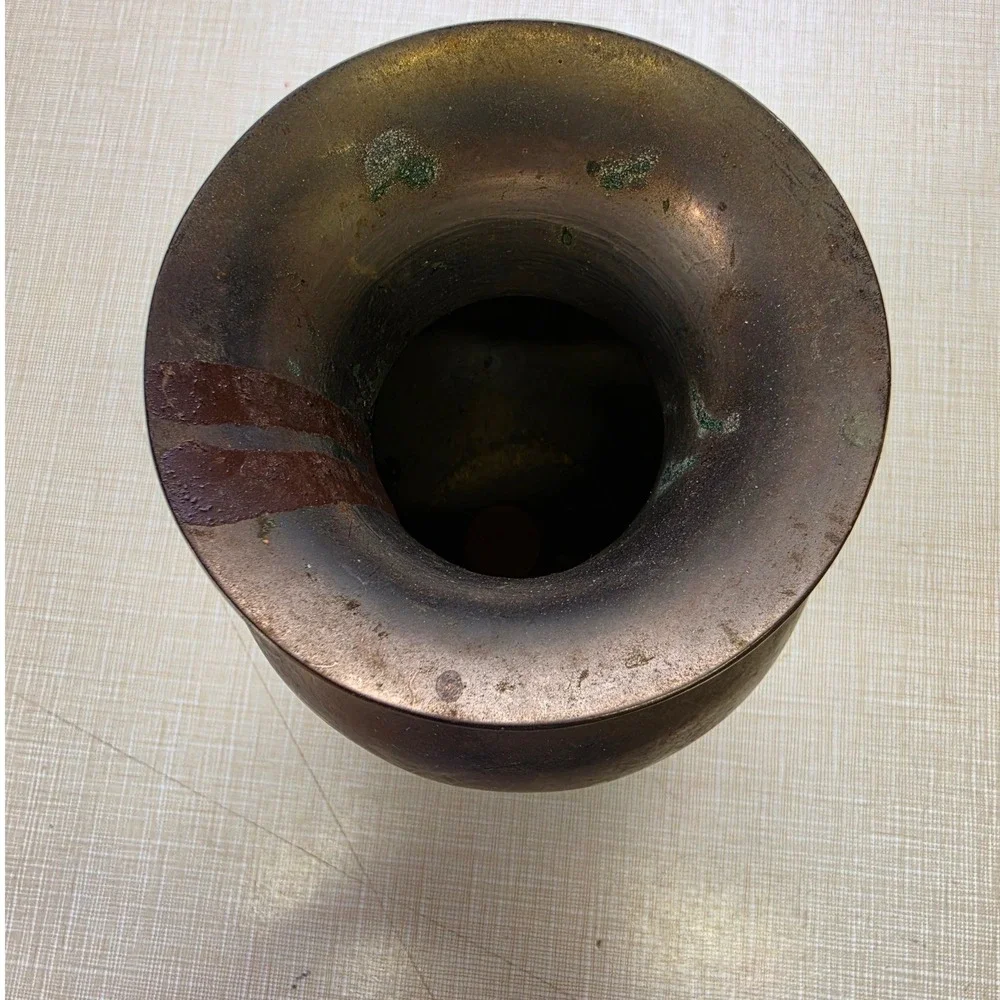 Vintage Art Deco Mixed Metal Vase Copper Brass Inlay Geometric Patinated 6.25in